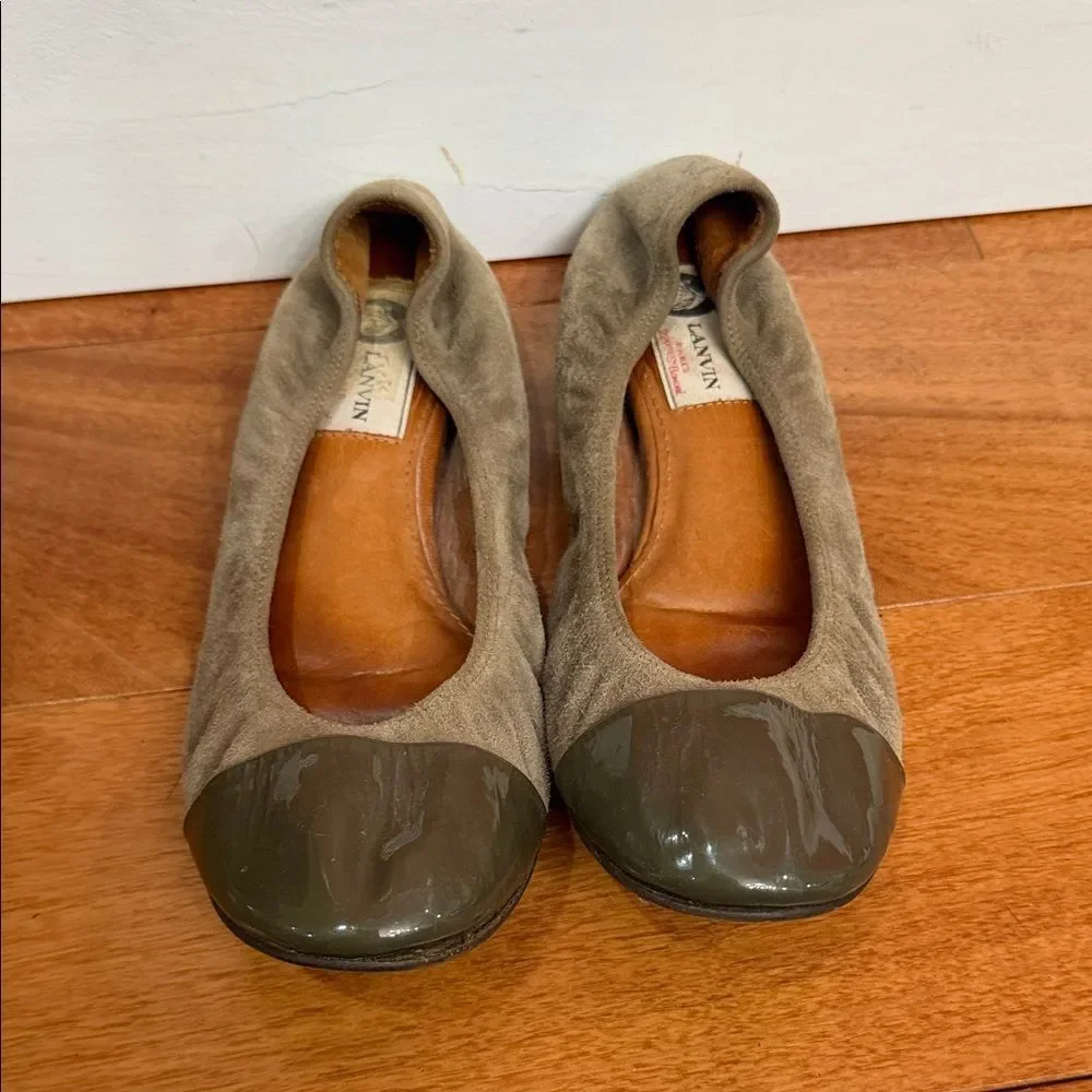 Lanvin Paris Cap Toe Ballet Flats Brown Gray‎ Suede Black Patent Leather 37